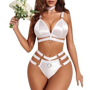 White O-Ring Linked Cut Out Choker Bra and Panty Set Bondage Lingerie 3 Pieces